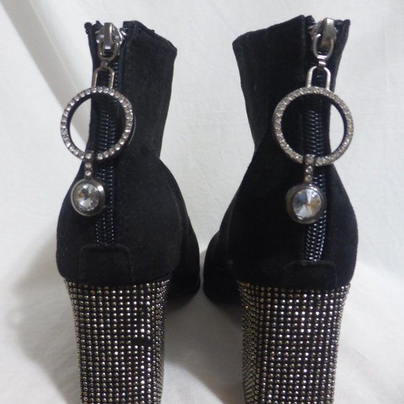 Black suede boots with rhinestones detail on the heel and on the zip pull charm - Picture 5 of 14